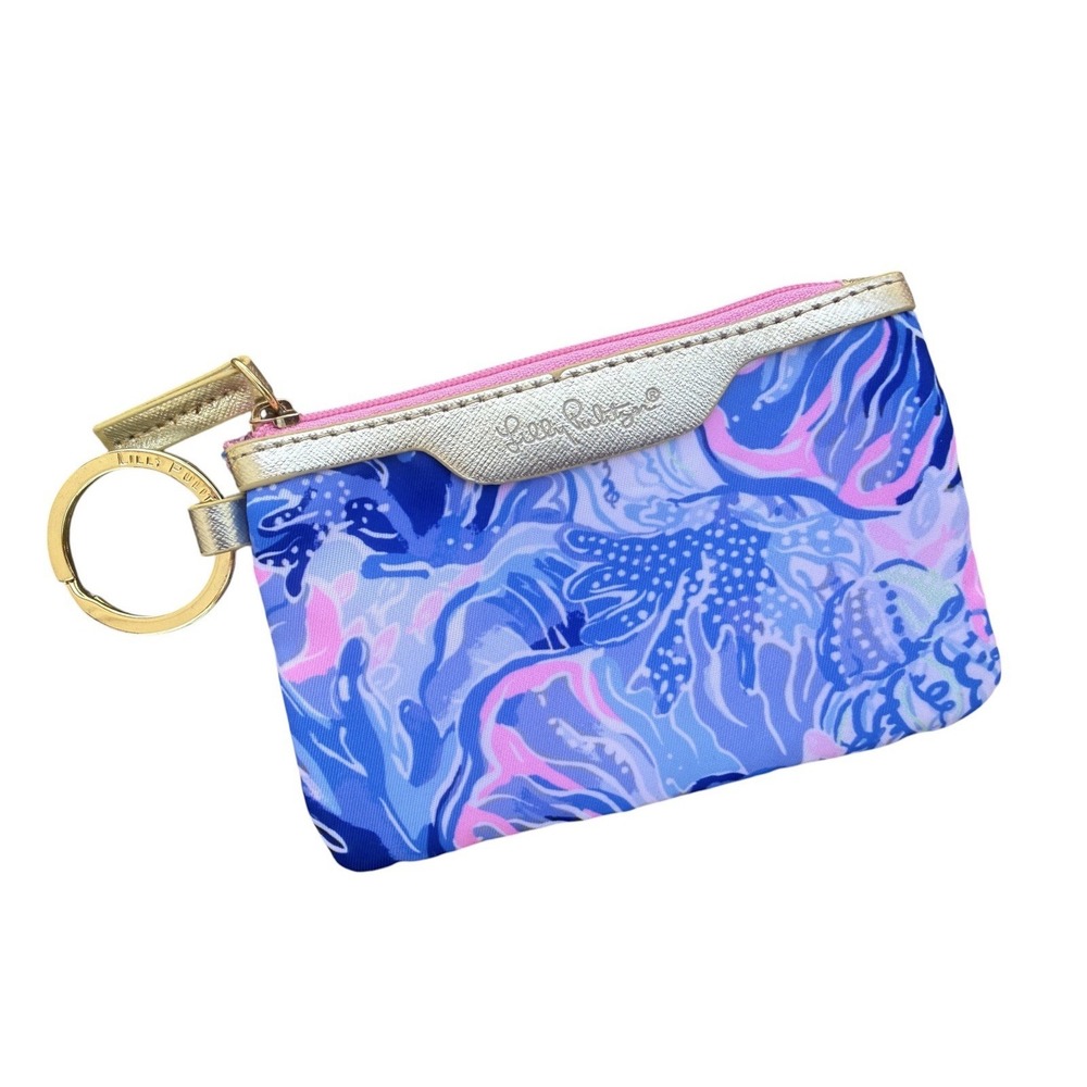 Lilly Pulitzer Zip ID Case Keychain Wallet Card Holder Blue Pink Print Gold Tone